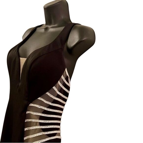 La Femme Sleeveless Mesh Cut Out Crystal Sides Full Length Black Mermaid Dress 8 - Picture 9 of 16